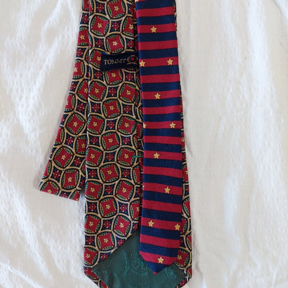 Vintage Tommy Hilfiger 100% Italian Silk Tie Red Blue Green Gold Made in USA